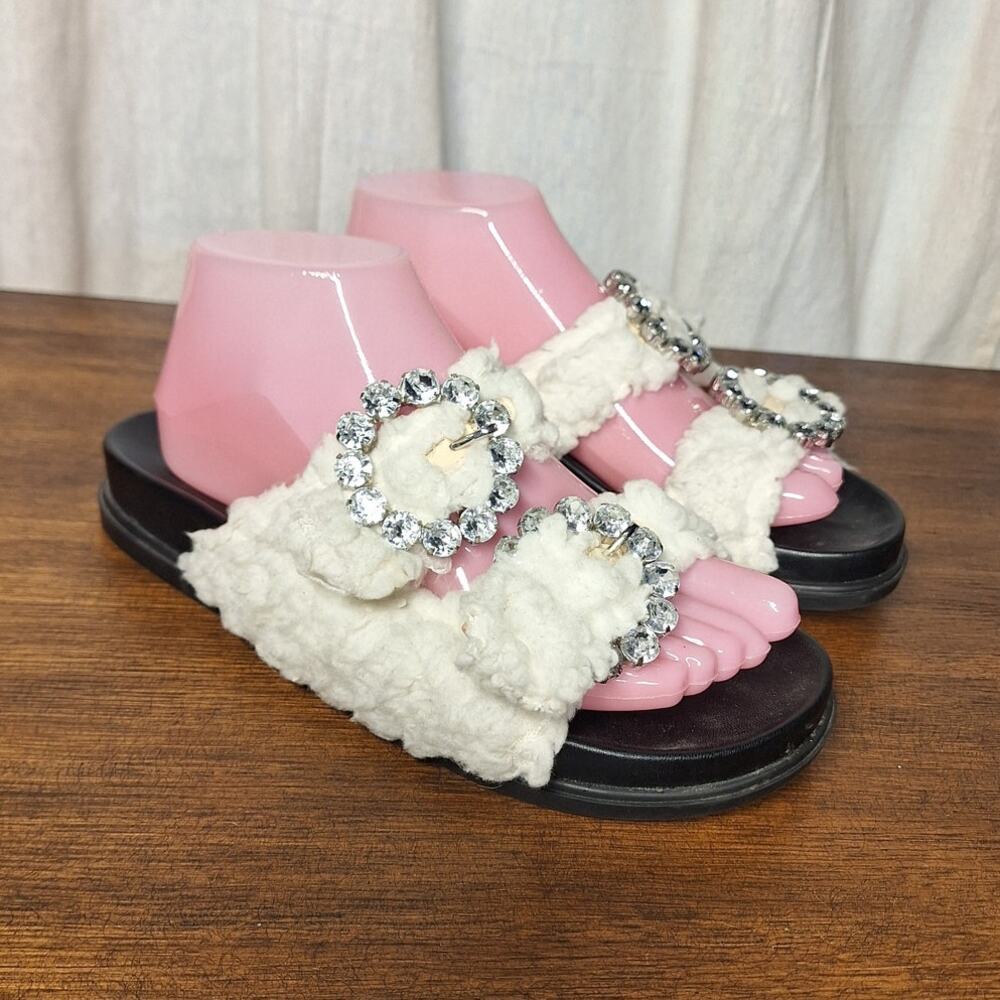 Schutz Ariel winter sandals w crystal buckles alpaca shearling fluffy slides 8.5